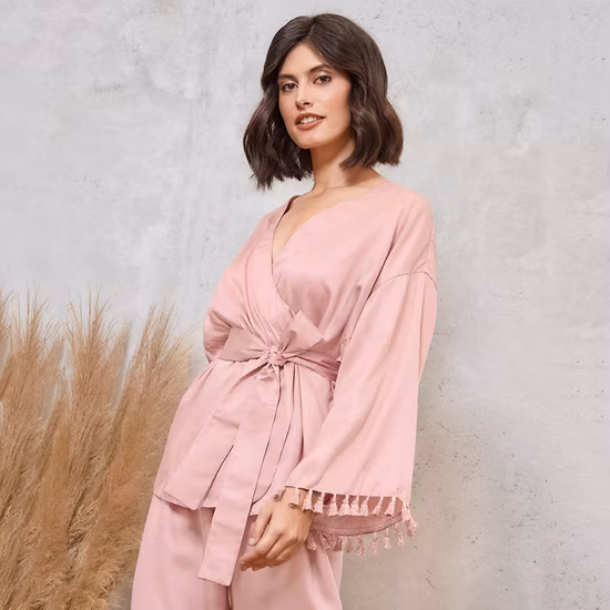 レディース サテン タッセル 長袖 パジャマ セット 2 ピース ドレッシングガウン ピンク ナイトウェア セット