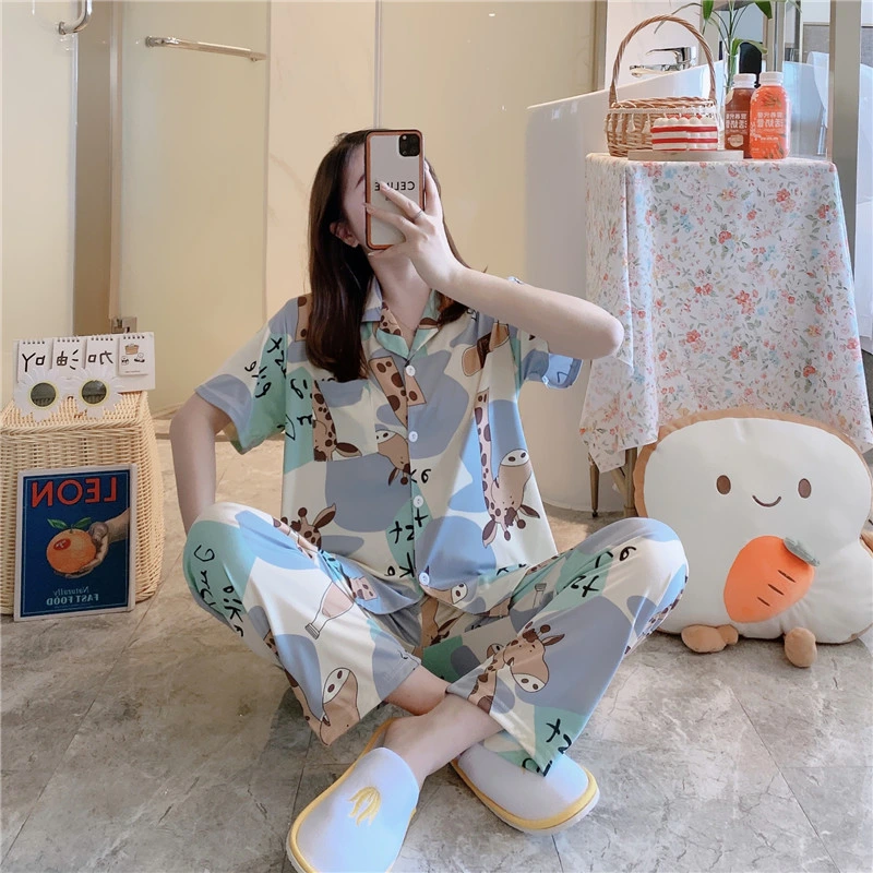 Wholesale Custom Spring Summer Short Sleeve Leisure Cute Teen Girls Sleepwear Cardigan Women Pajamas Set