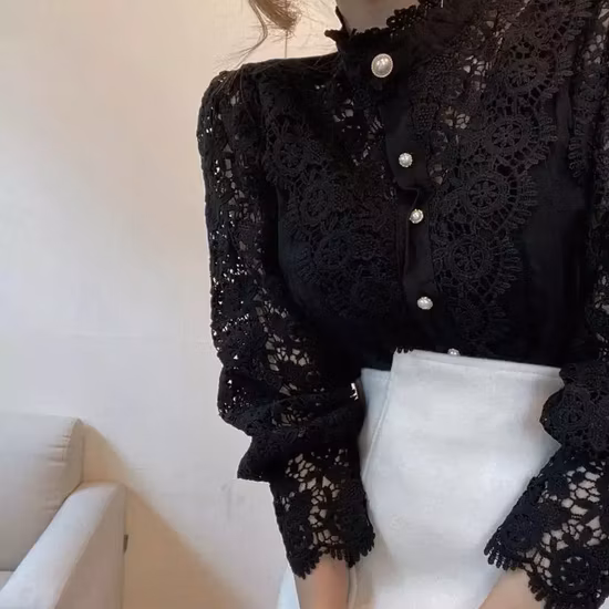新着春カジュアルファッション刺繍女性レースブラウス長袖シャツ